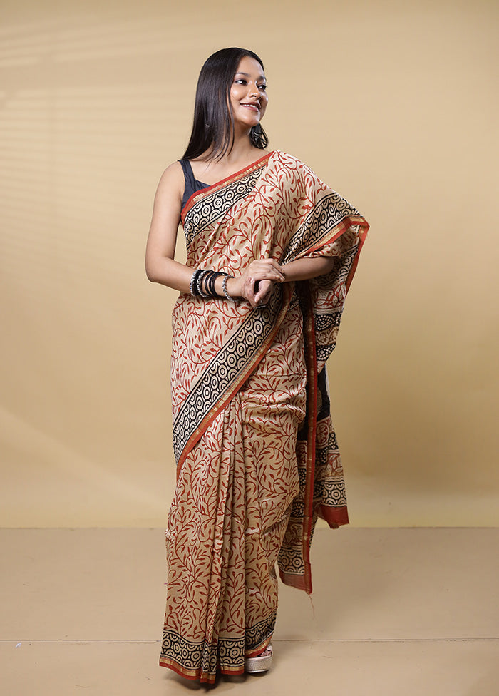 Cream Chanderi Cotton Saree With Blouse Piece