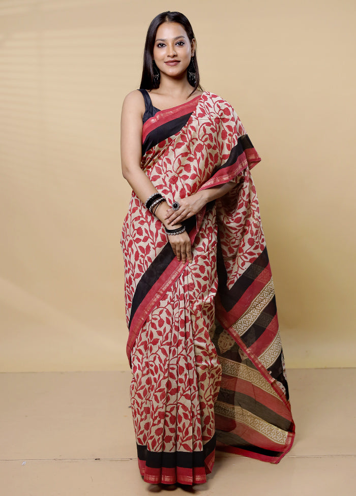 Cream Chanderi Cotton Saree With Blouse Piece