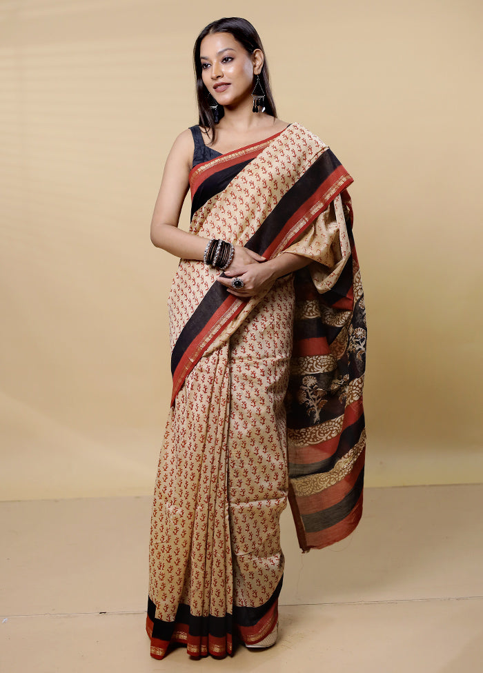 Cream Chanderi Cotton Saree With Blouse Piece