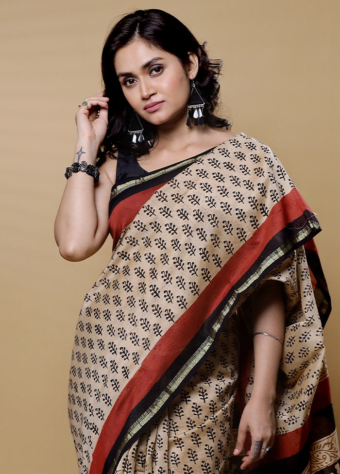 Cream Chanderi Cotton Saree With Blouse Piece