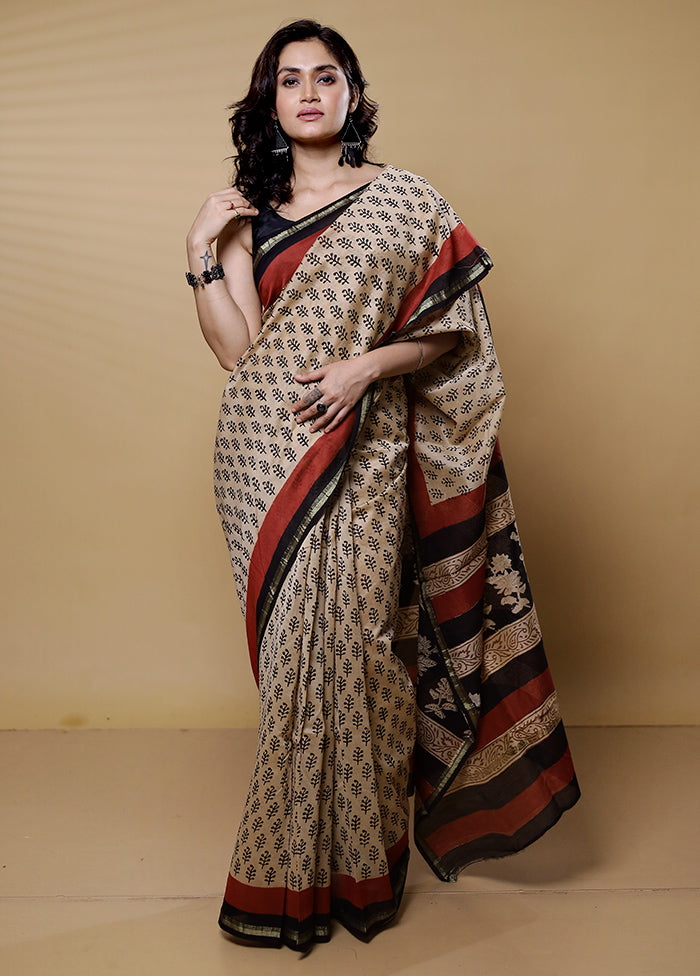 Cream Chanderi Cotton Saree With Blouse Piece