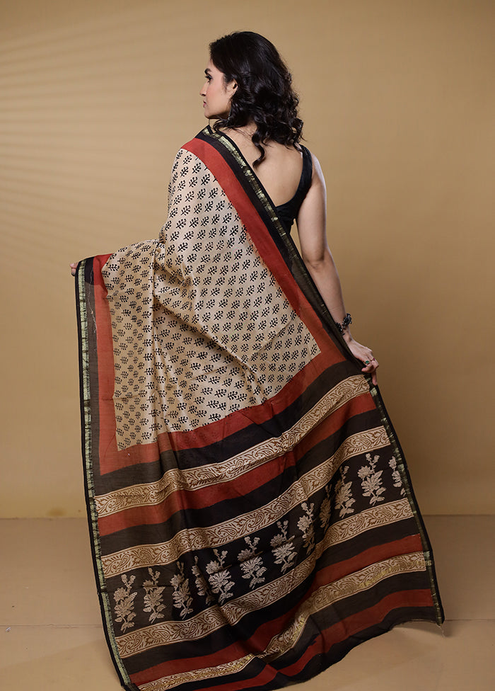 Cream Chanderi Cotton Saree With Blouse Piece