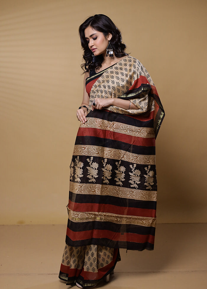 Cream Chanderi Cotton Saree With Blouse Piece