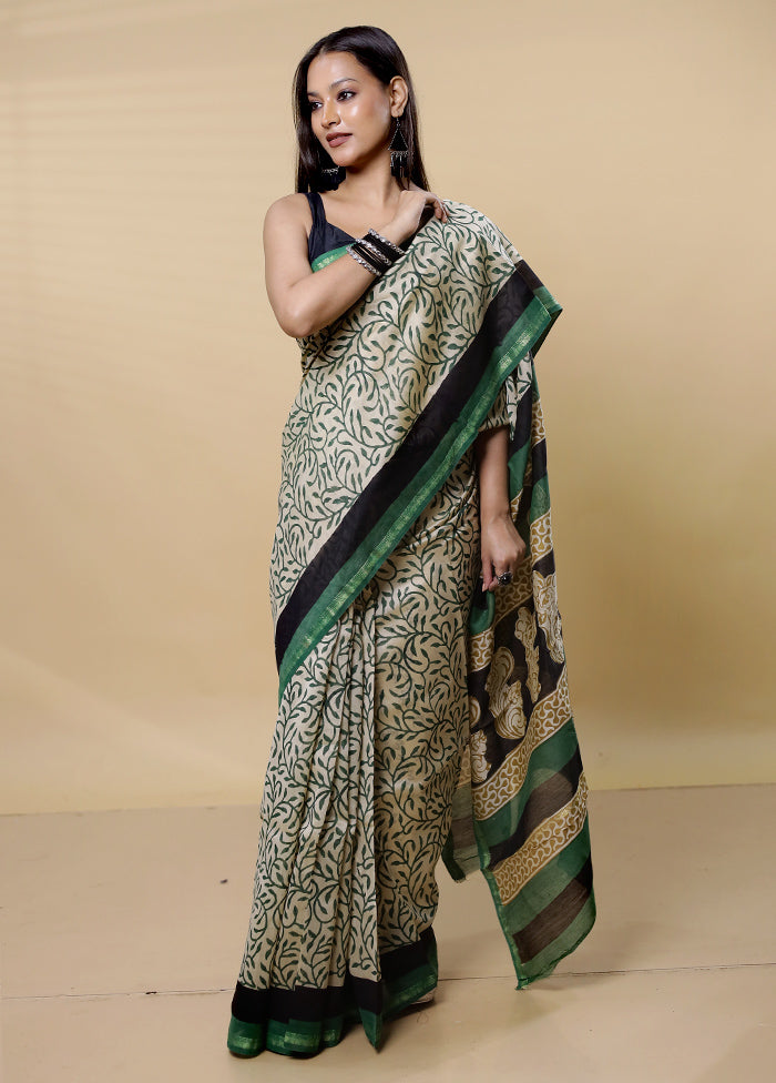 Cream Chanderi Cotton Saree With Blouse Piece