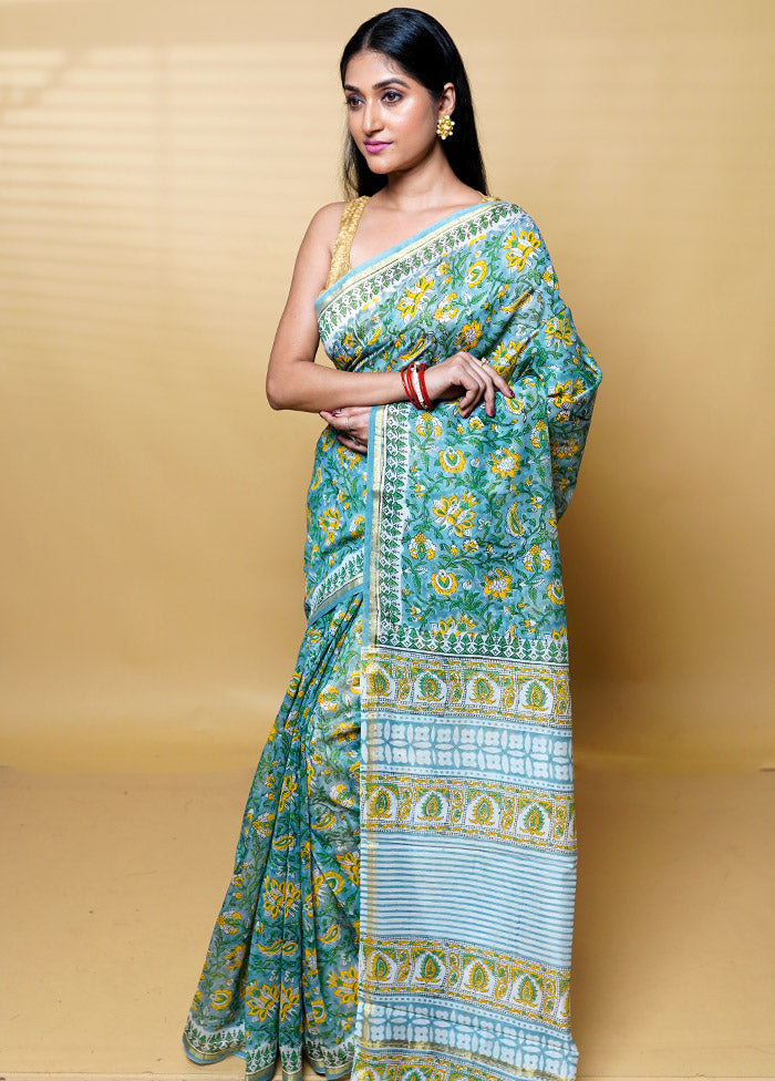 Blue Chanderi Cotton Saree With Blouse Piece