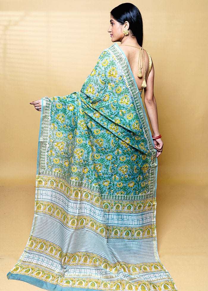 Blue Chanderi Cotton Saree With Blouse Piece