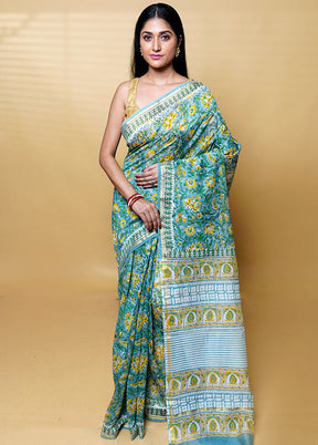 Blue Chanderi Cotton Saree With Blouse Piece