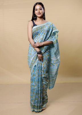 Blue Chanderi Cotton Saree With Blouse Piece