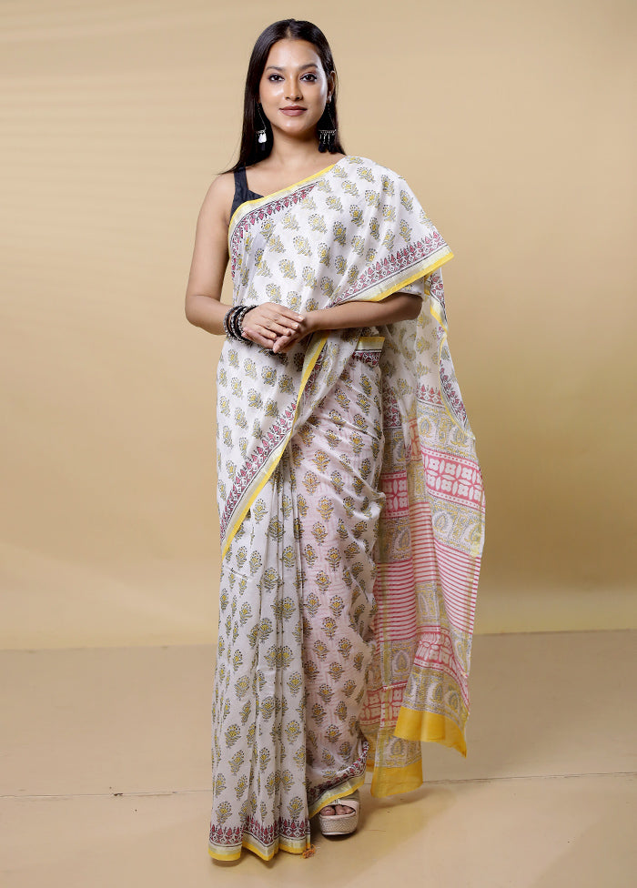 White Chanderi Cotton Saree With Blouse Piece