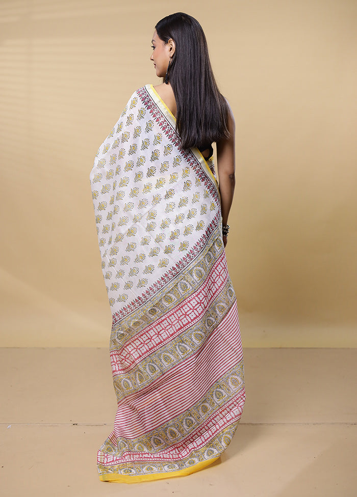 White Chanderi Cotton Saree With Blouse Piece