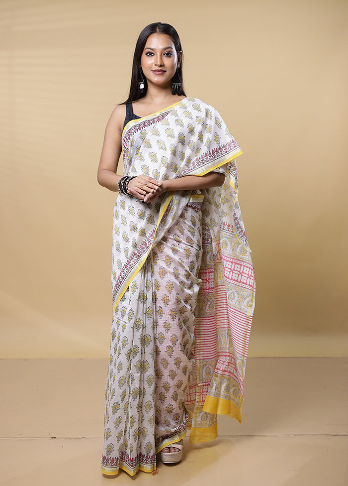 White Chanderi Cotton Saree With Blouse Piece