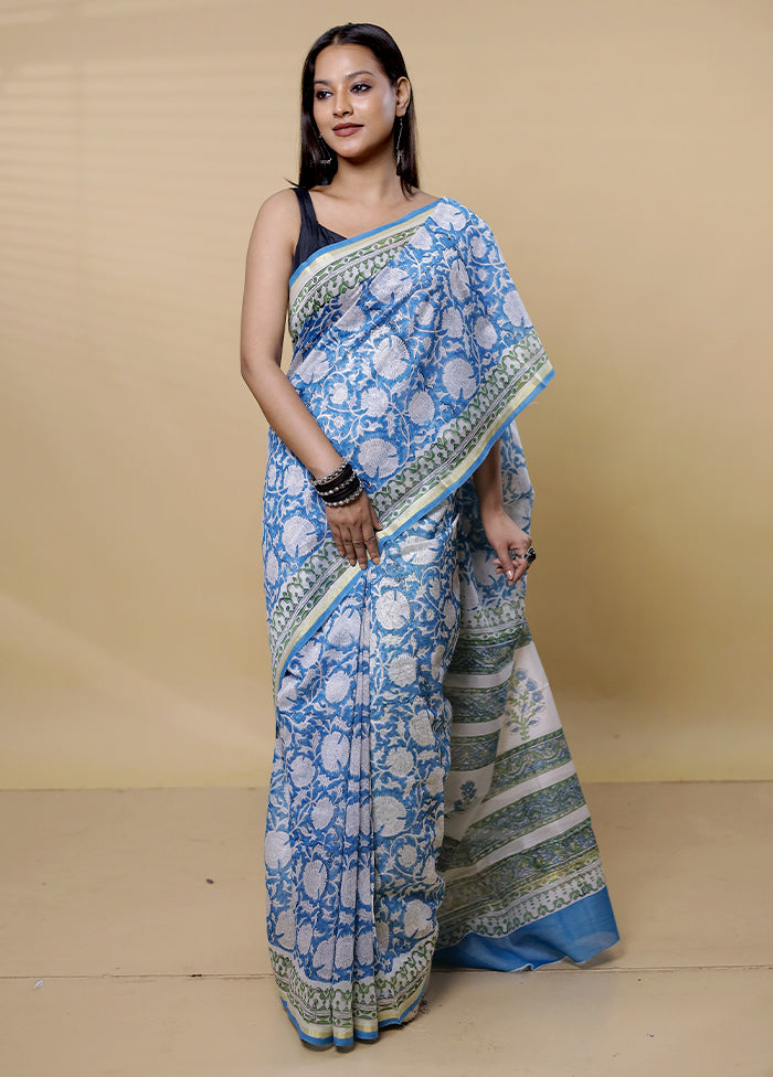 White Chanderi Cotton Saree With Blouse Piece