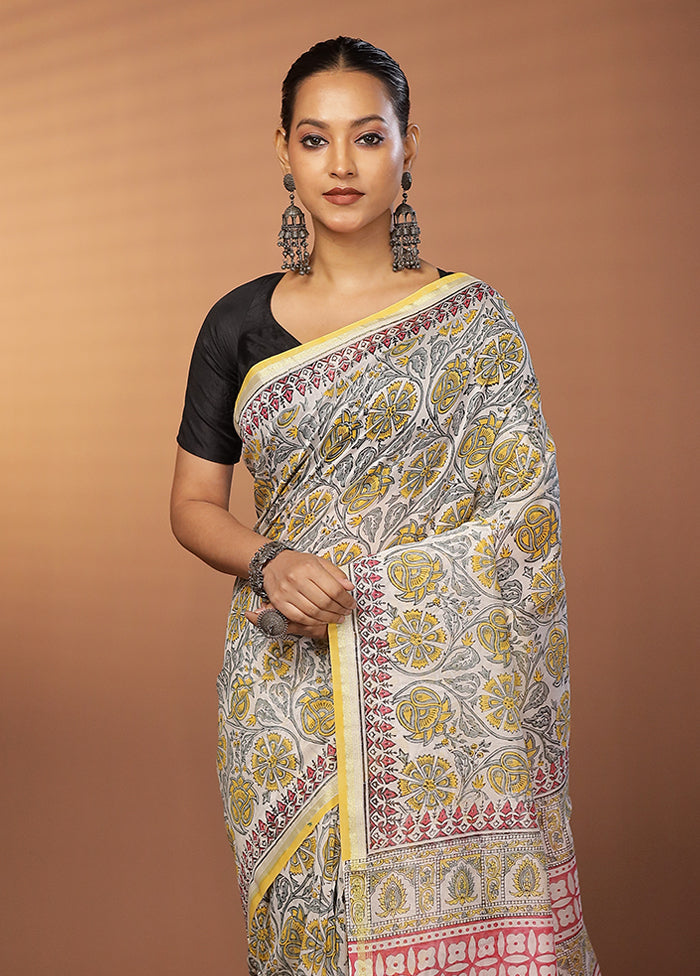 White Chanderi Silk Saree With Blouse Piece
