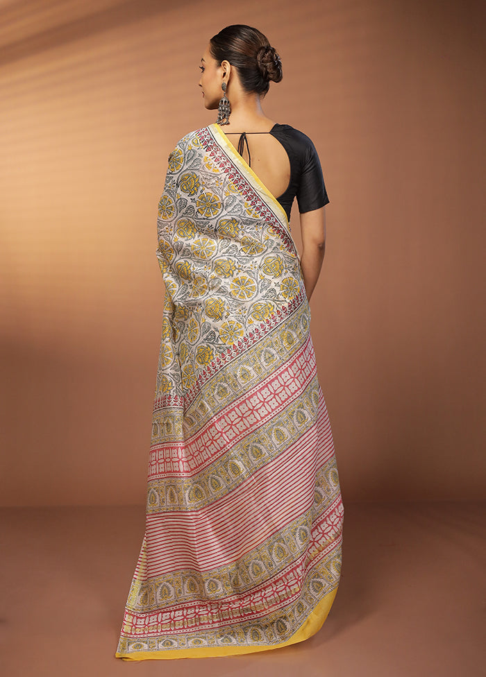 White Chanderi Silk Saree With Blouse Piece