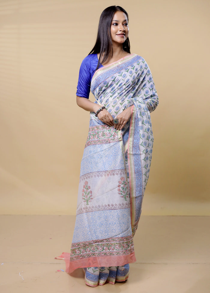 White Chanderi Cotton Saree With Blouse Piece