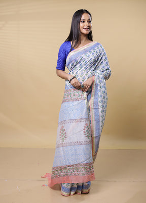 White Chanderi Cotton Saree With Blouse Piece