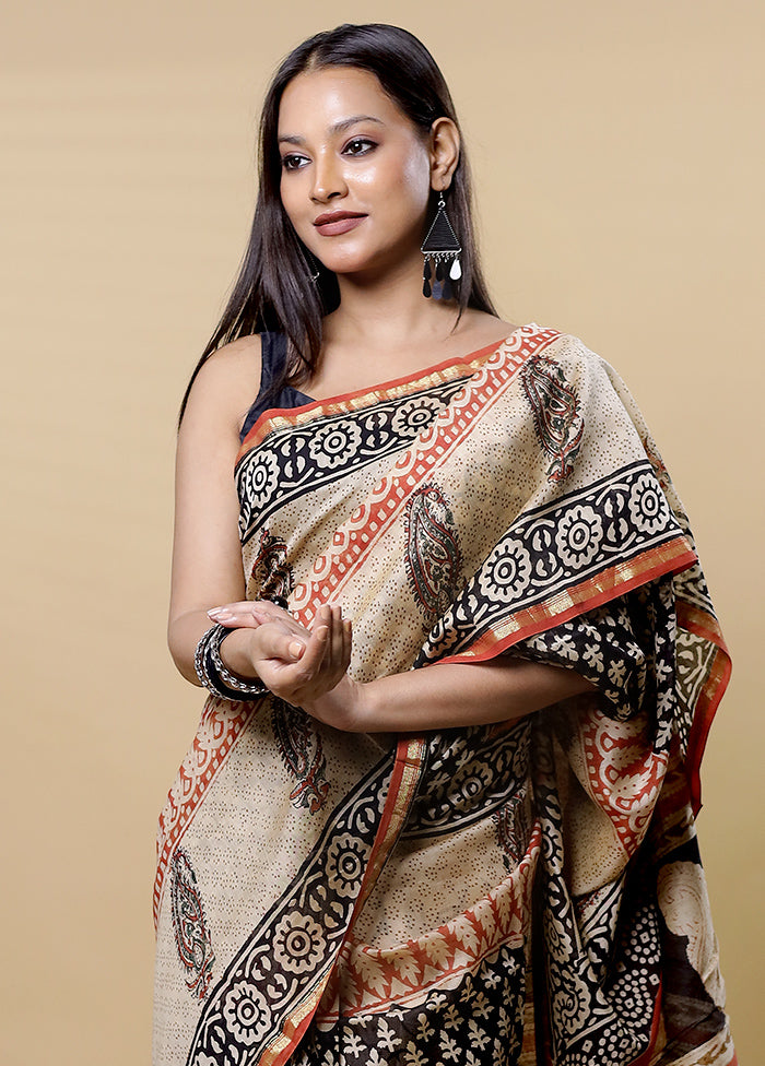 Cream Chanderi Cotton Saree With Blouse Piece