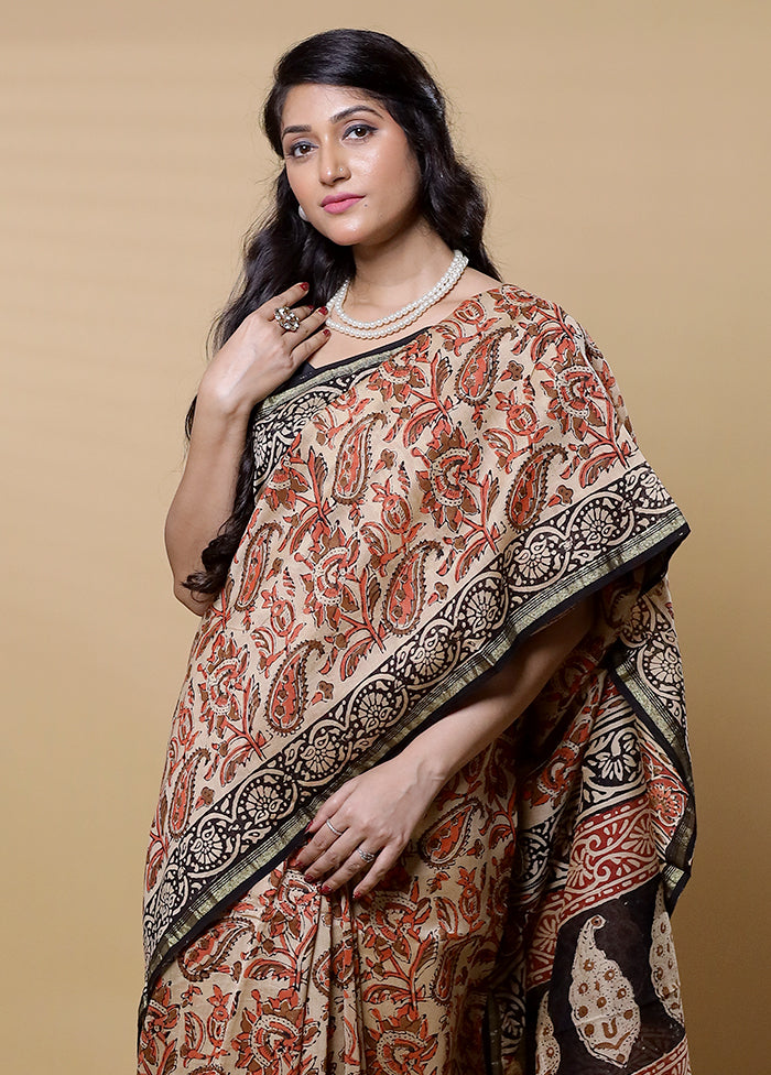 Cream Chanderi Cotton Saree With Blouse Piece