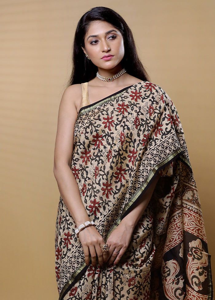 Cream Chanderi Cotton Saree With Blouse Piece