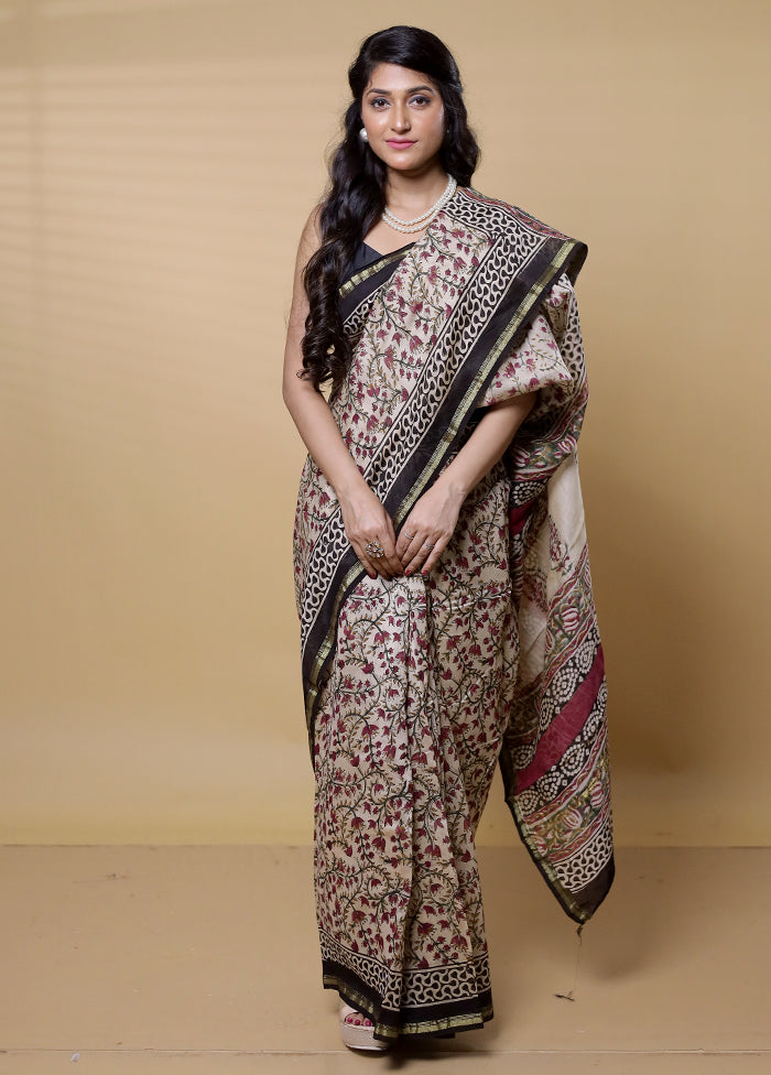 Cream Chanderi Cotton Saree With Blouse Piece