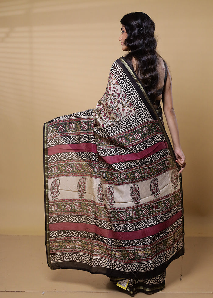 Cream Chanderi Cotton Saree With Blouse Piece