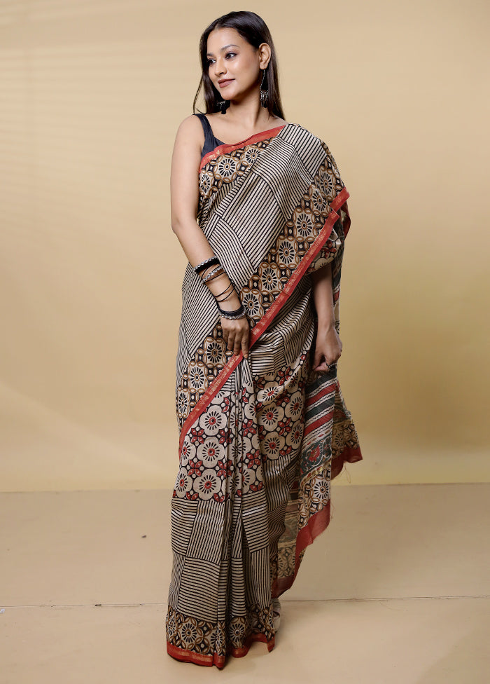 Cream Chanderi Cotton Saree With Blouse Piece