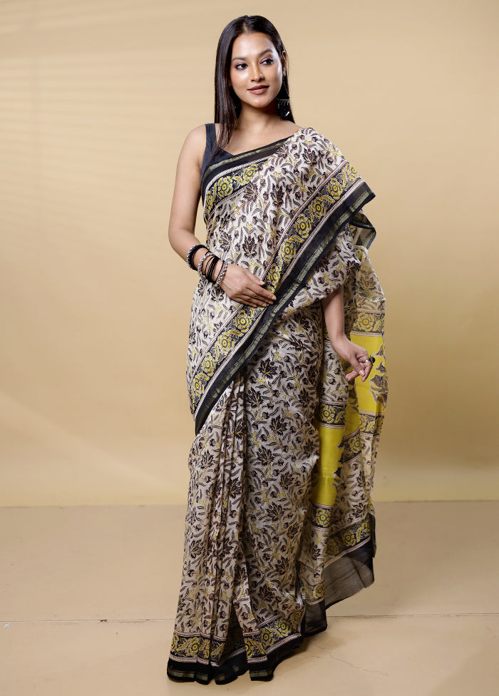 Cream Chanderi Cotton Saree With Blouse Piece