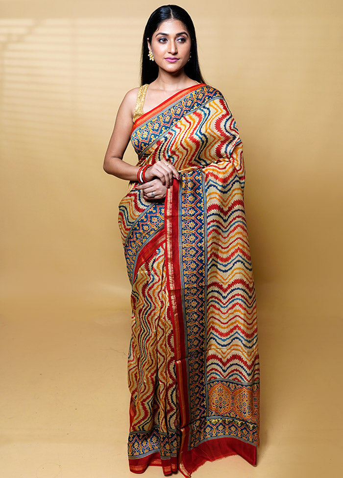 Cream Chanderi Cotton Saree With Blouse Piece