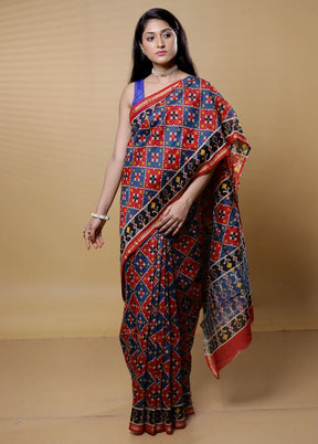 Blue Chanderi Cotton Saree With Blouse Piece