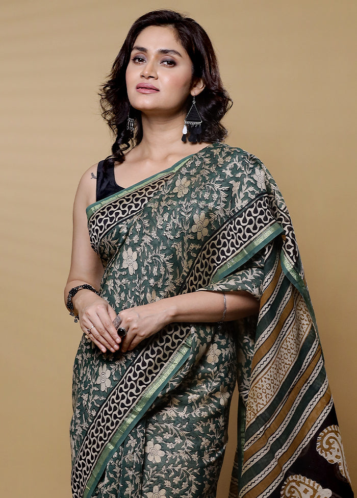 Green Chanderi Cotton Saree With Blouse Piece