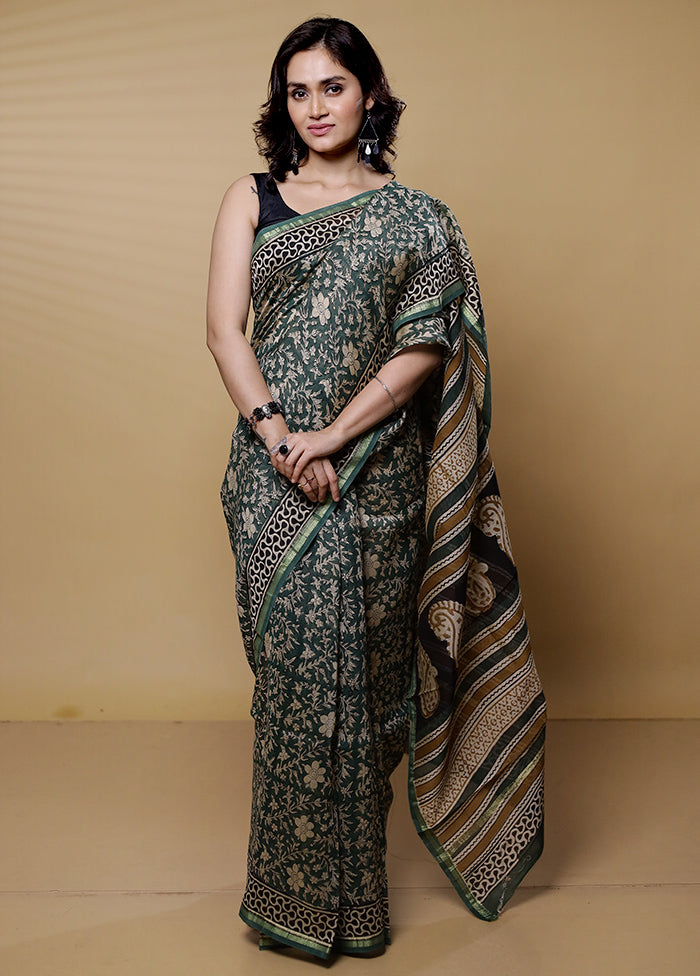 Green Chanderi Cotton Saree With Blouse Piece