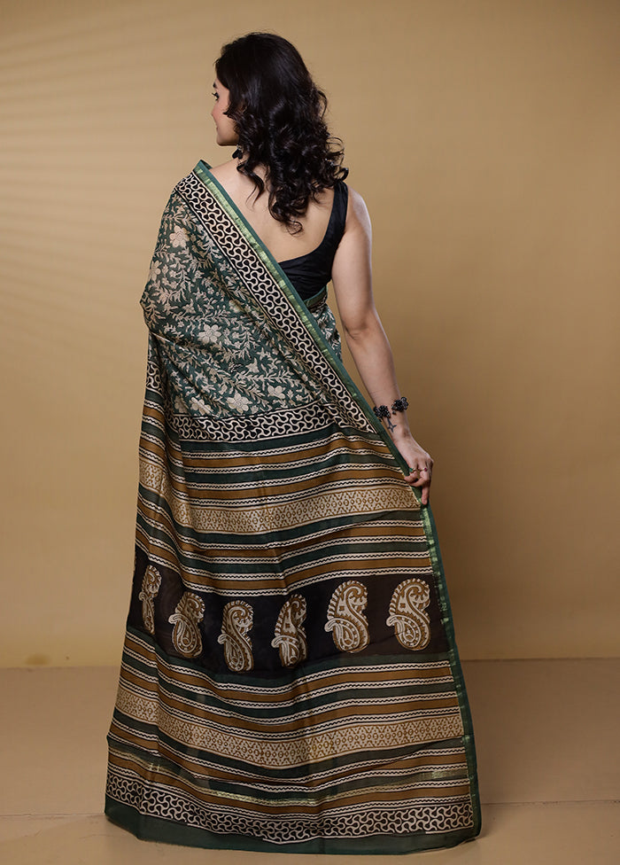 Green Chanderi Cotton Saree With Blouse Piece