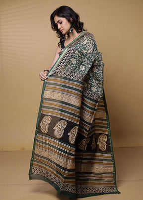 Green Chanderi Cotton Saree With Blouse Piece