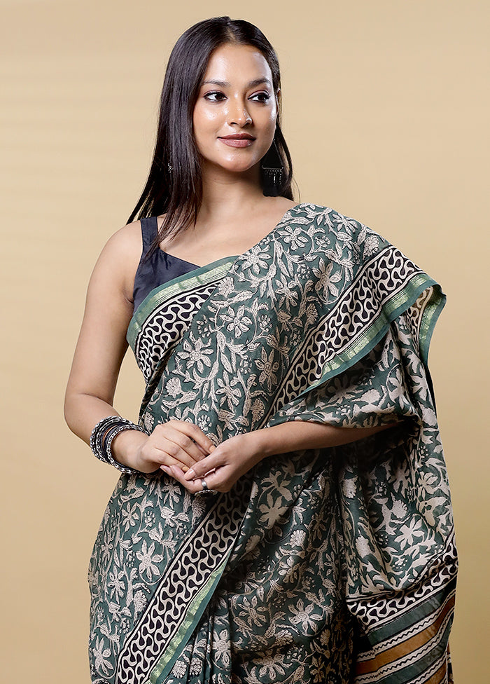 Green Chanderi Cotton Saree With Blouse Piece