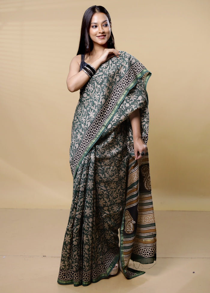 Green Chanderi Cotton Saree With Blouse Piece