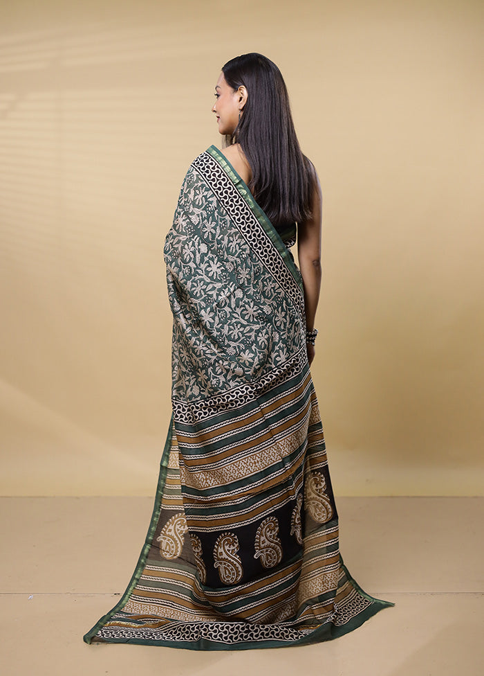 Green Chanderi Cotton Saree With Blouse Piece