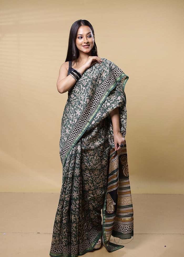 Green Chanderi Cotton Saree With Blouse Piece