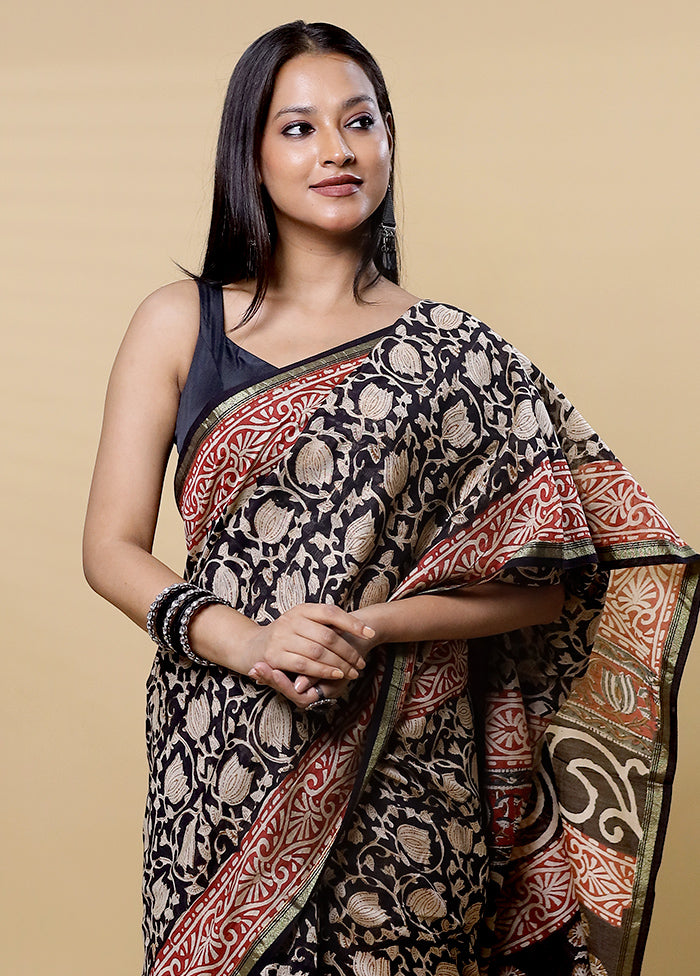 Black Chanderi Cotton Saree With Blouse Piece