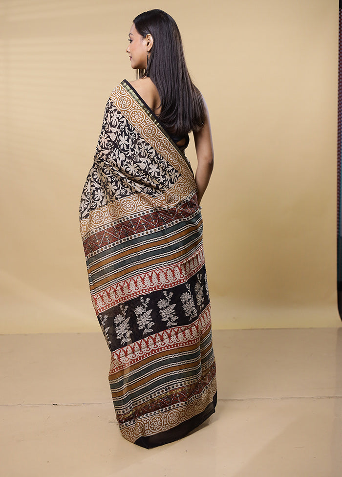 Black Chanderi Cotton Saree With Blouse Piece