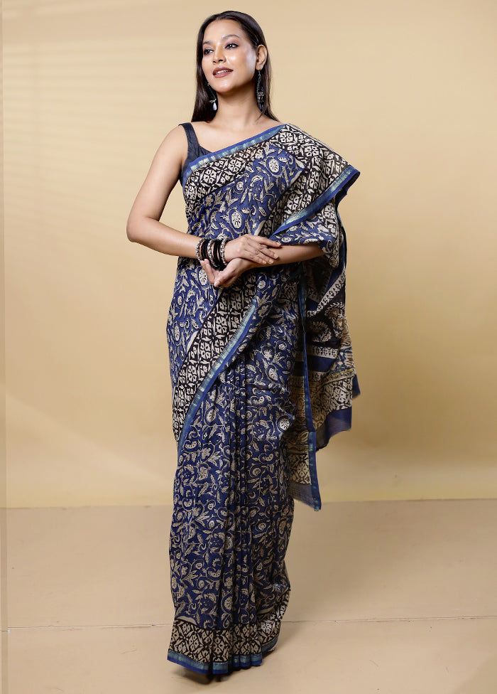 Blue Chanderi Cotton Saree With Blouse Piece