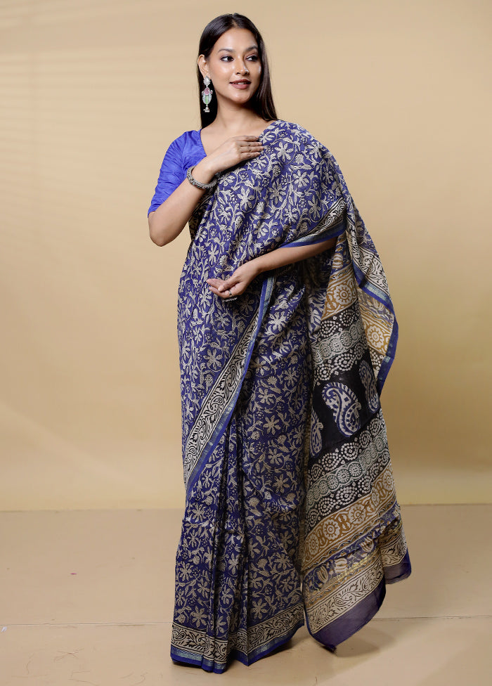 Blue Chanderi Cotton Saree With Blouse Piece