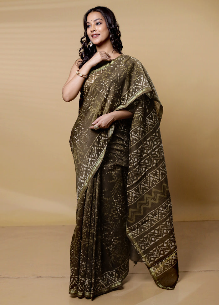 Green Chanderi Cotton Saree With Blouse Piece