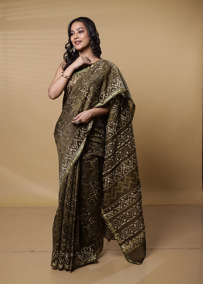 Green Chanderi Cotton Saree With Blouse Piece