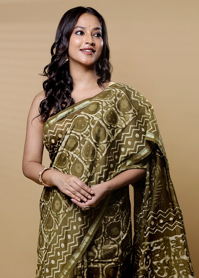 Green Chanderi Cotton Saree With Blouse Piece