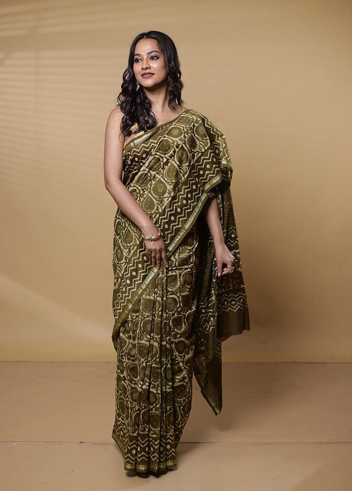 Green Chanderi Cotton Saree With Blouse Piece