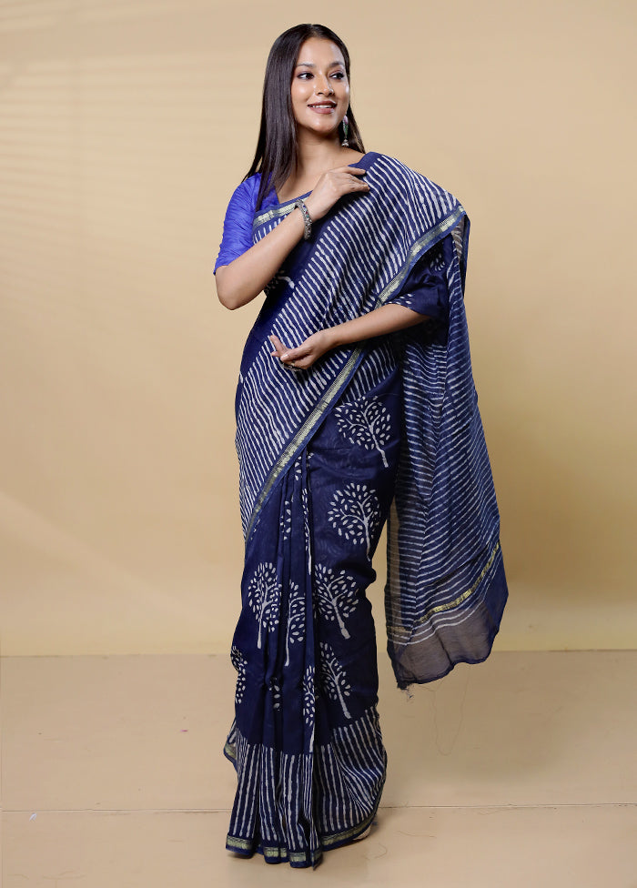 Blue Chanderi Cotton Saree With Blouse Piece