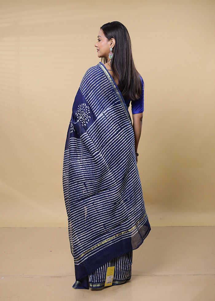 Blue Chanderi Cotton Saree With Blouse Piece