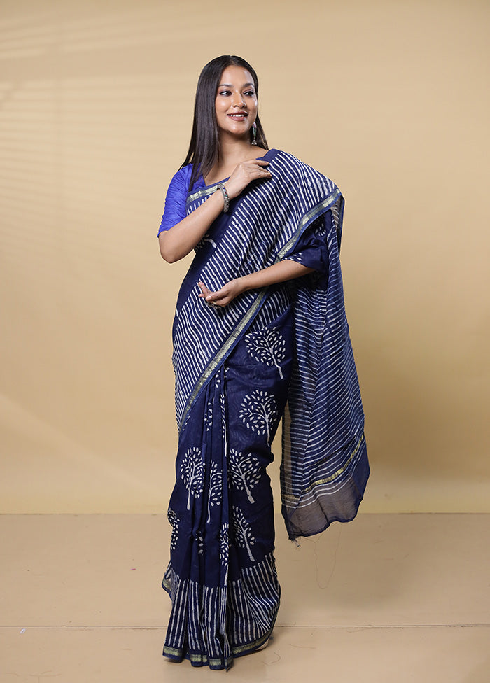 Blue Chanderi Cotton Saree With Blouse Piece