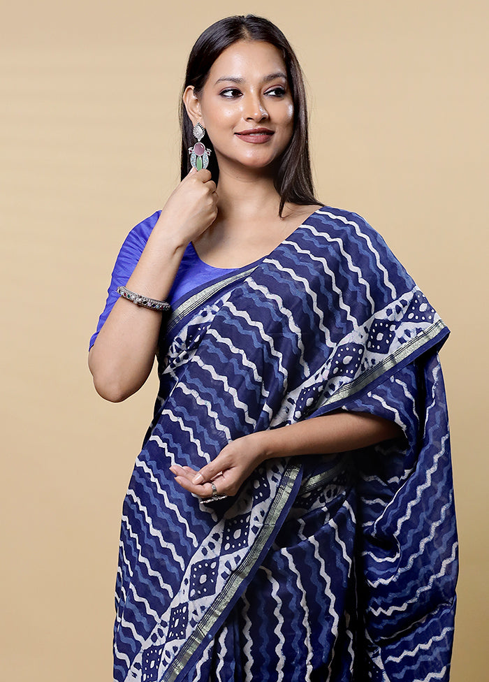 Blue Chanderi Cotton Saree With Blouse Piece