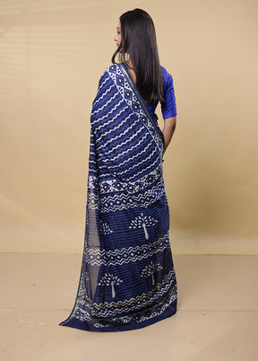 Blue Chanderi Cotton Saree With Blouse Piece